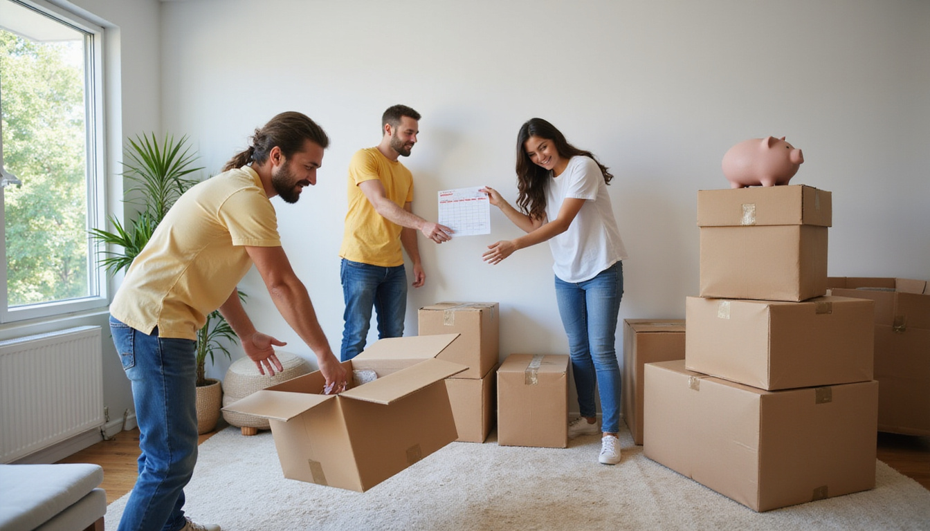  team clearing dusty living room, movers, stacked furniture, calendar, piggy bank, relieved homeowner smiling