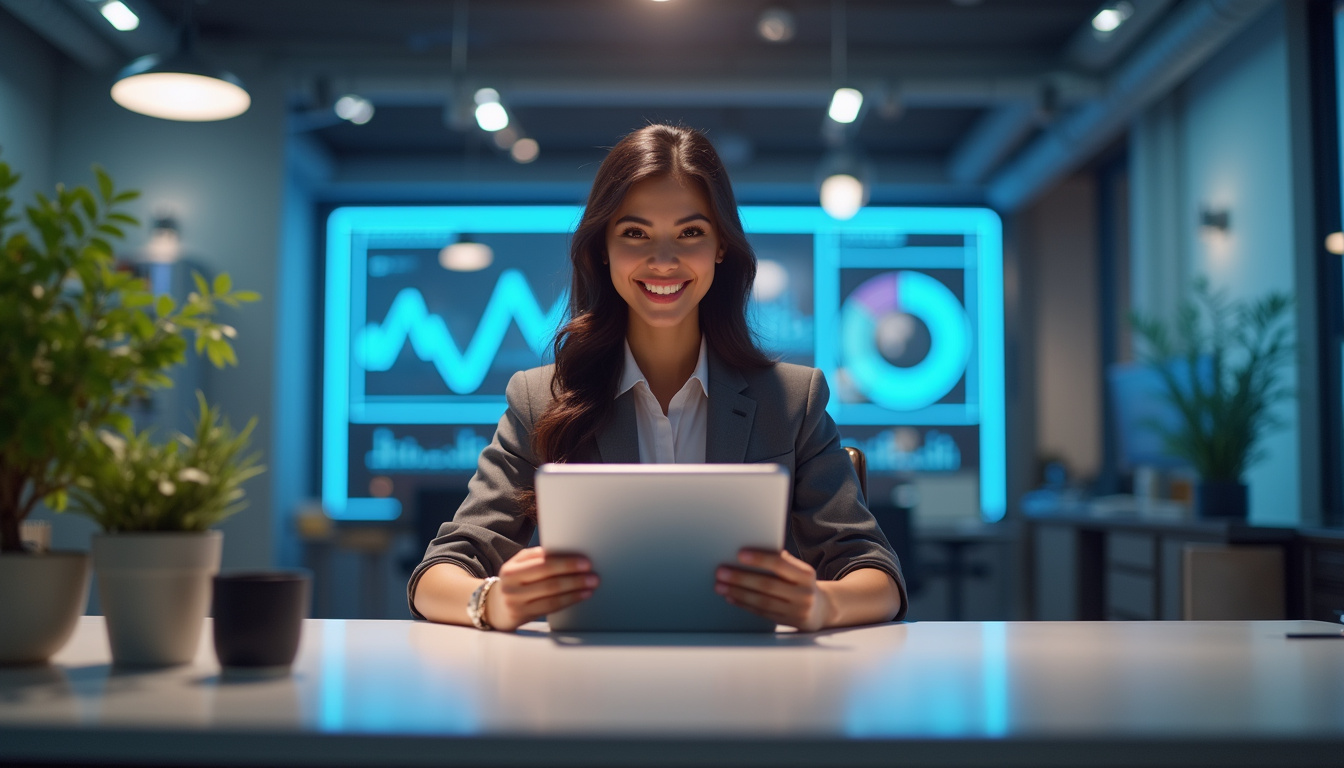  Modern desk with tablet, smiling receptionist avatar, satisfied customers, glowing analytics dashboard