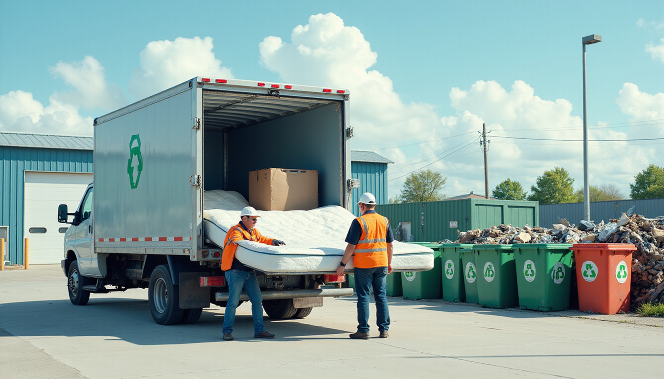  Recycling center scene: truck lifting mattress, labeled bins, workers in reflective vests, eco icons