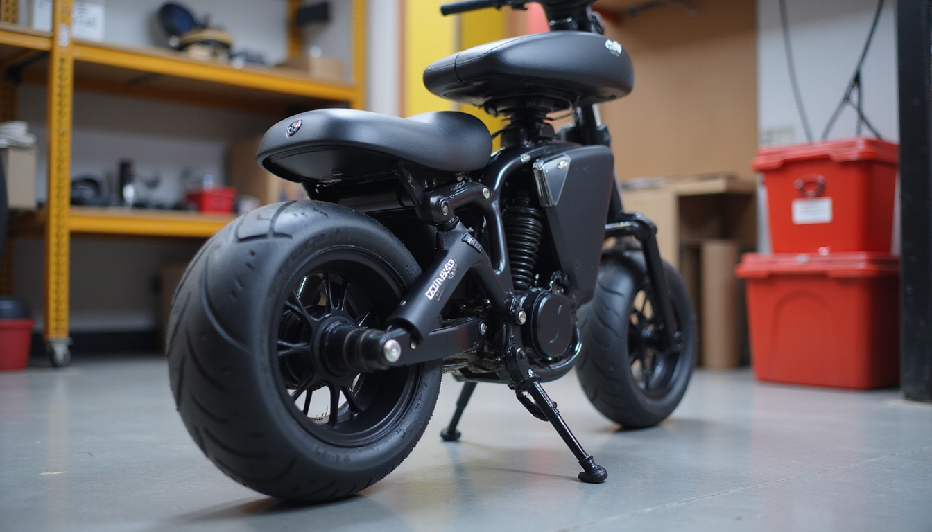  Close-up of anti-tip wheels, shock-absorbing suspension, cushioned seat and phone mount, workshop lighting