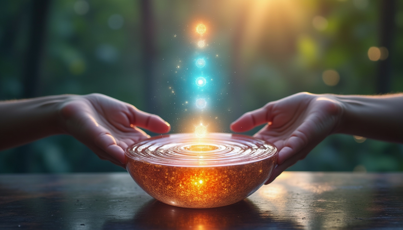 Close-up hands striking crystal bowl, vibrant concentric ripples aligning glowing chakras, tranquil forest