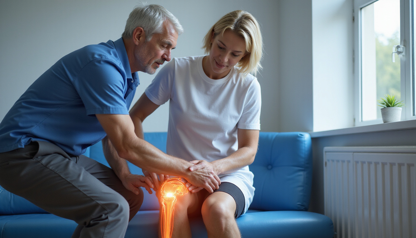  Physiotherapist guiding older man through step-up knee stability routine, anatomical knee overlay, clinical studio lighting