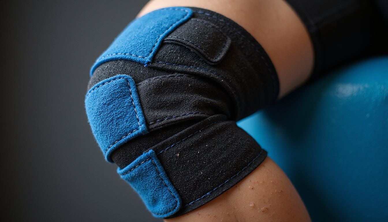  Close-up macro of adjustable neoprene knee brace, textured straps, sweat droplets, studio lighting