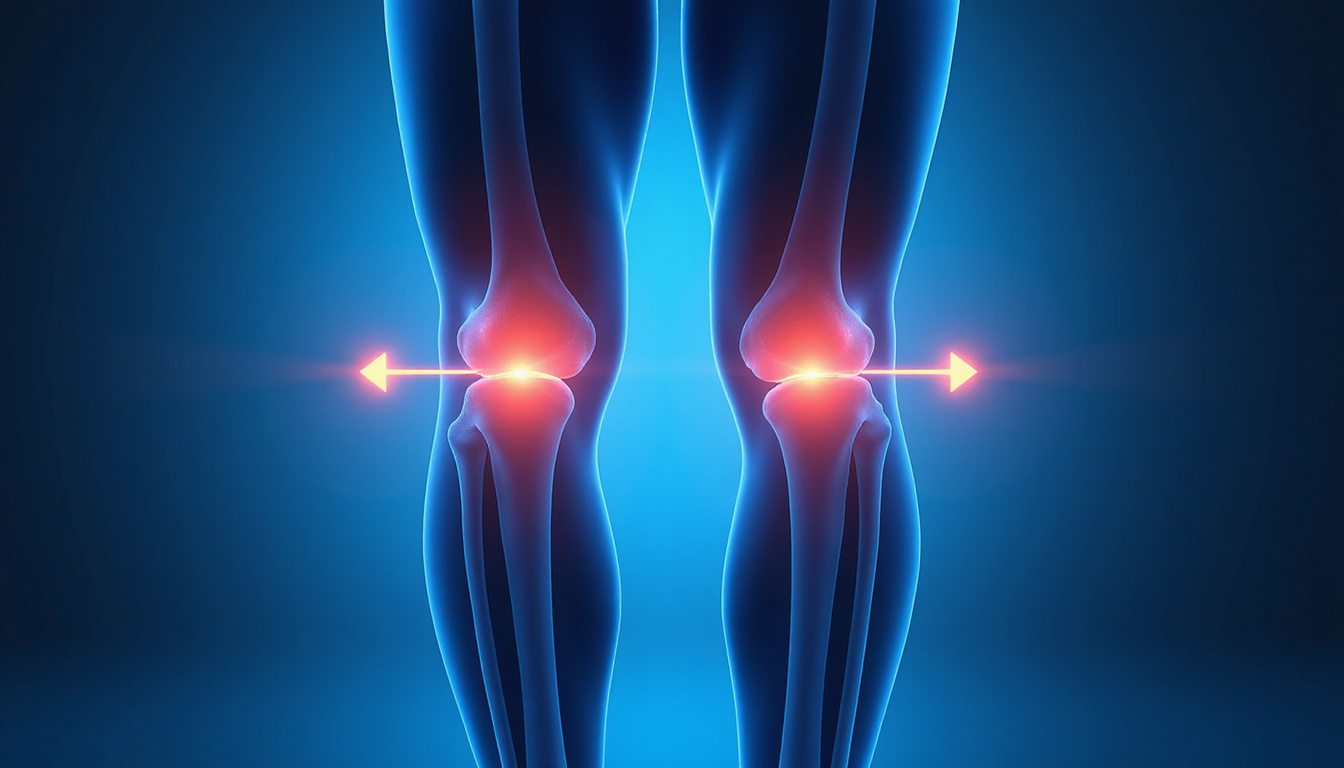  Close-up knees with glowing anatomy overlay, arrows showing range of motion, soothing blue tones