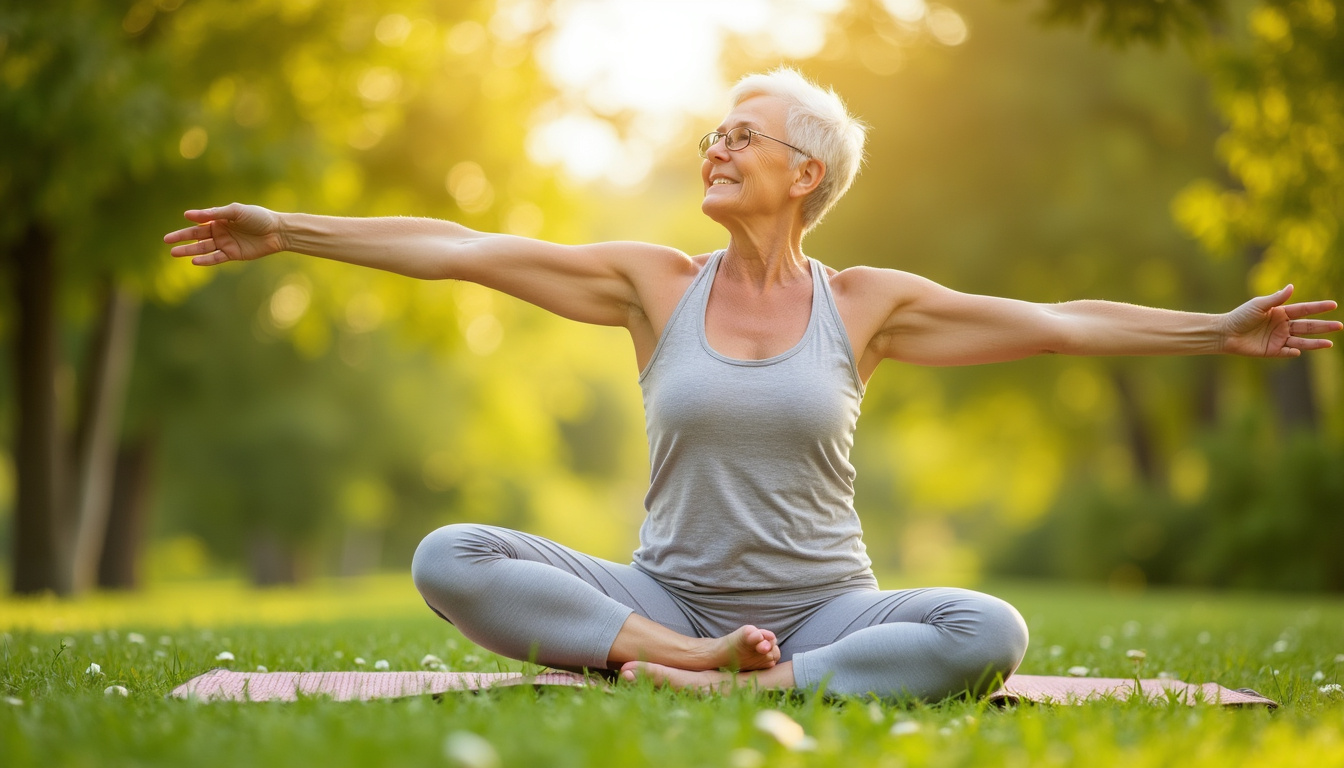  Healthy older woman stretching outdoors, glowing joints, herbs, leafy supplements, sunshine, vibrant green