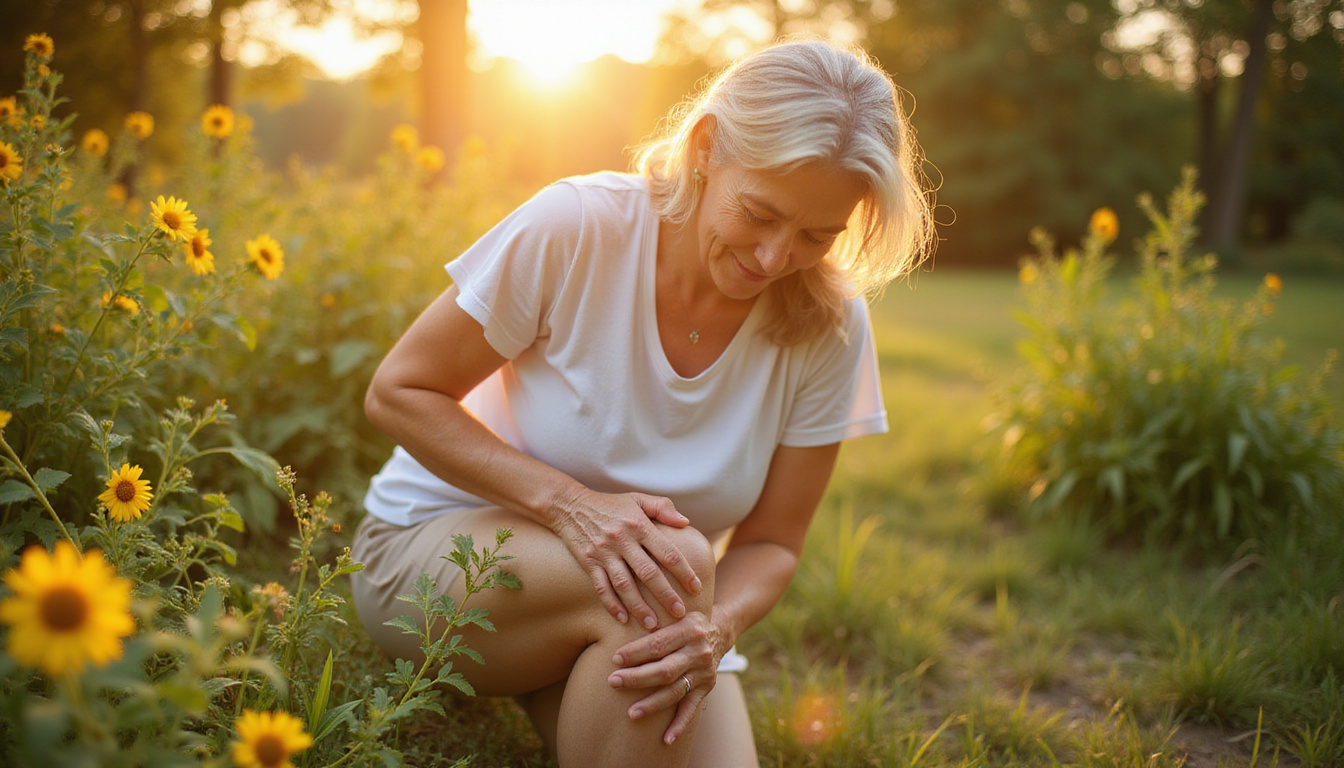  Elderly woman gently rubbing knee, botanical leaves, golden sunlight, medical herbs, hopeful expression