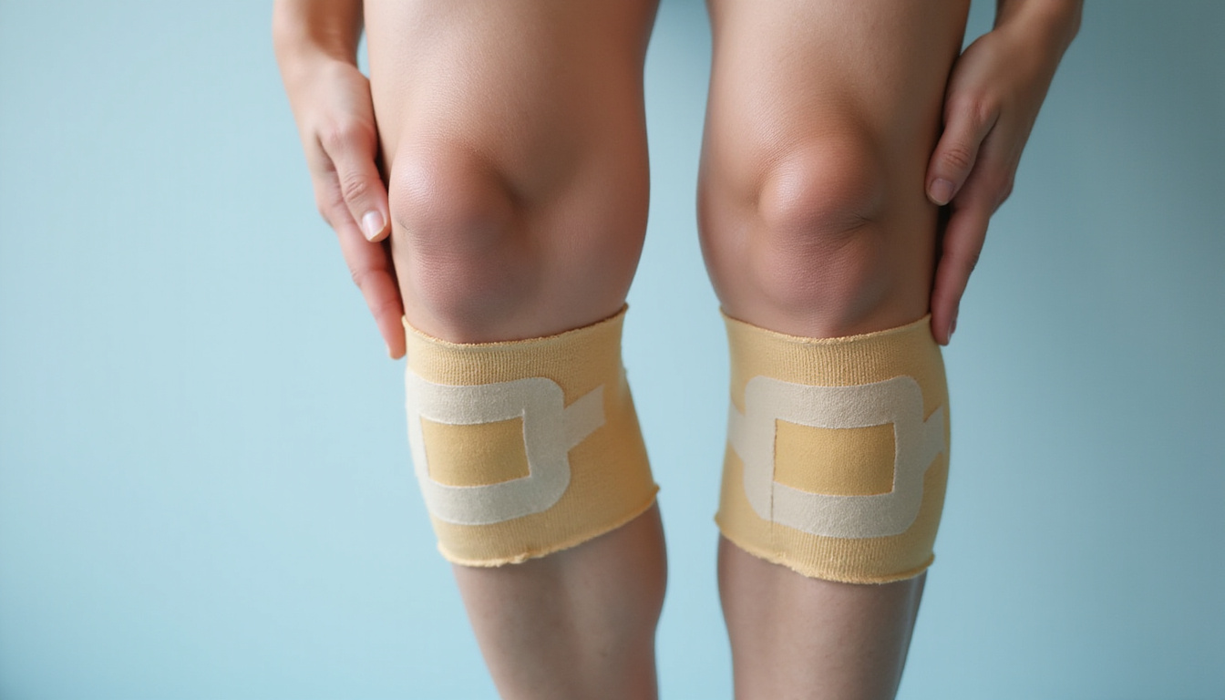  Close-up knees with supportive tape, gentle step-up motion arrows, soft clinical background, instructional feel