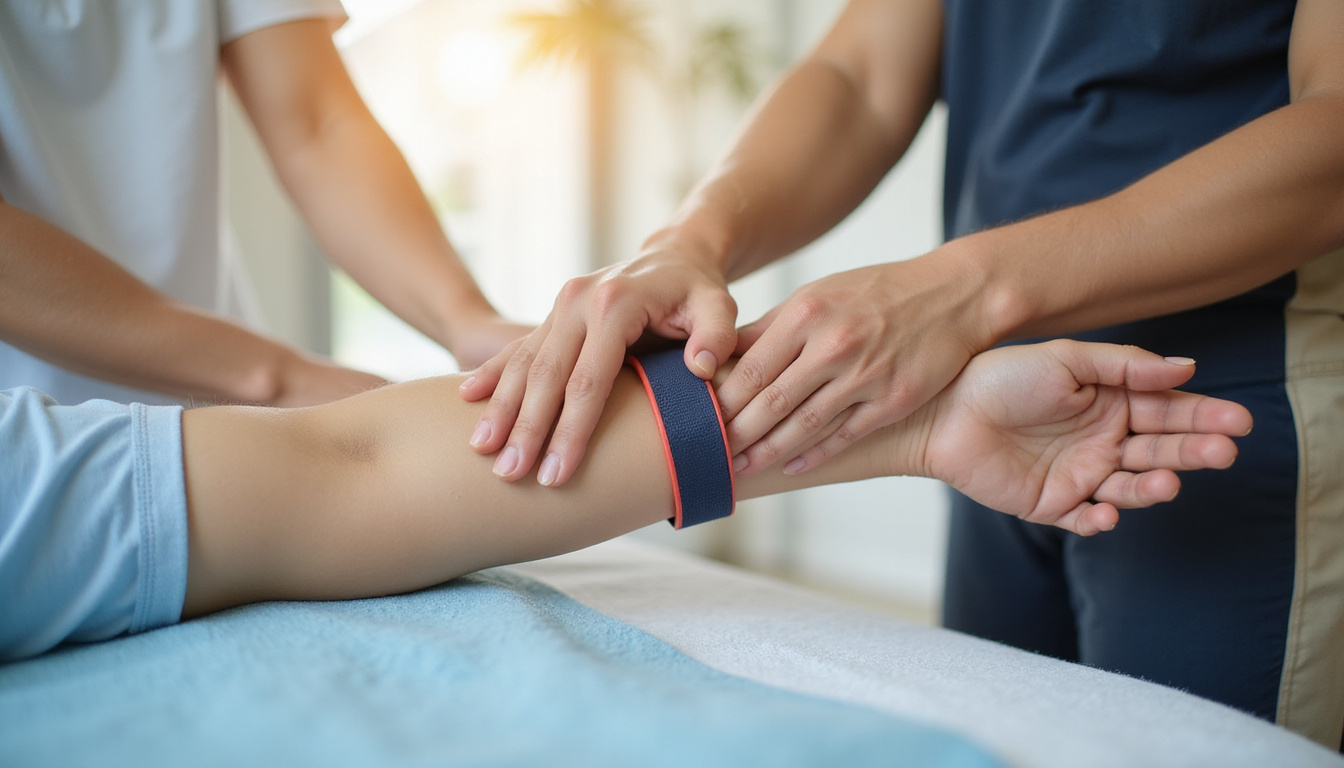  Physical therapist applying massage and resistance band exercises to forearm, clinical setting, healing ambiance
