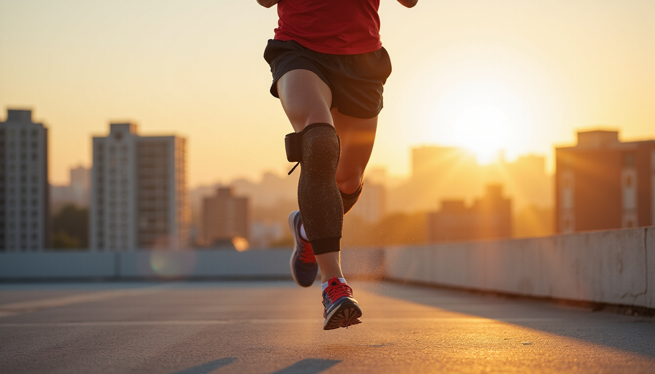  Athlete sprinting with reinforced knee brace, motion blur, urban rooftop at golden hour, high detail