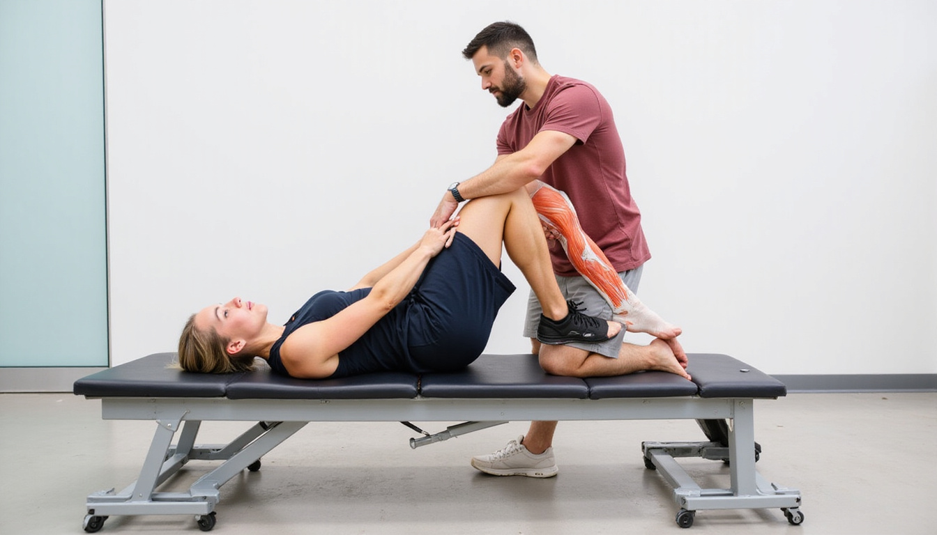  Coach adjusting hip hinge on lifter, anatomical muscles highlighted, pain-free posture, high-detail