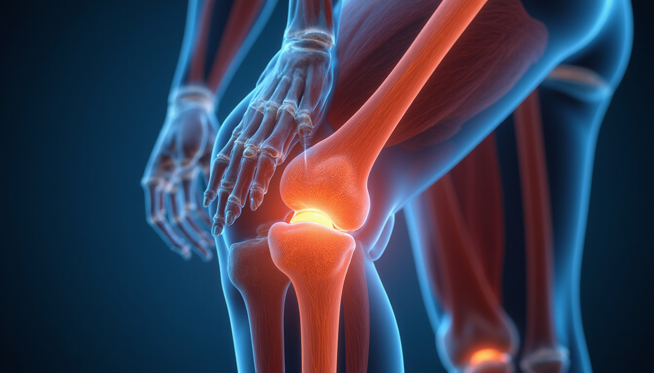  Close-up anatomical overlay of knee joint showing muscles, ligaments, color-coded rehab progression, dynamic motion