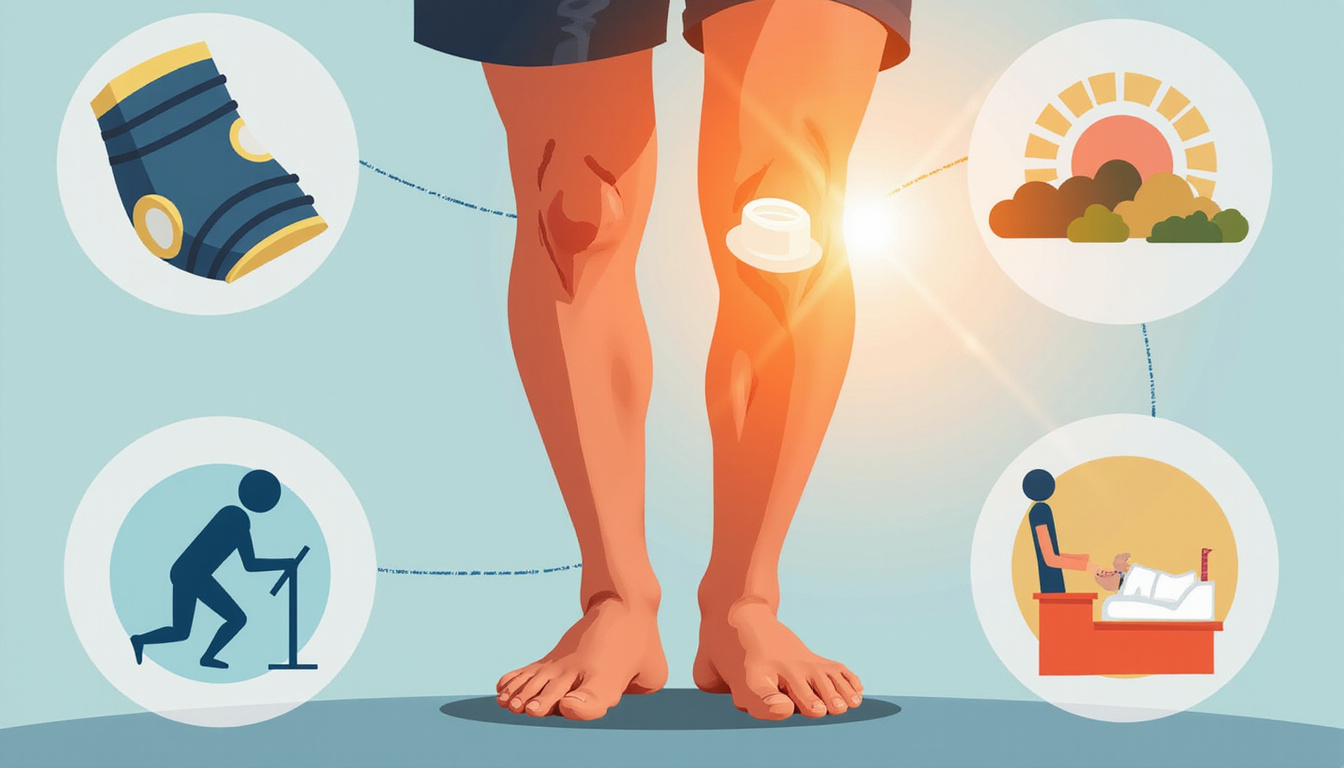  Close-up of healthy knee surrounded by icons: brace, ice pack, medication, physical therapy, rising sunlight
