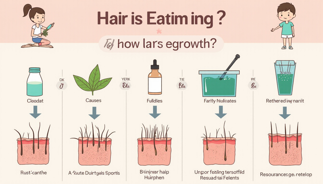  Stylized infographic of causes and regrowth strategies, hair follicles regenerating, clinical bottles, soothing pastel palette