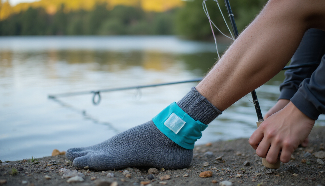  Close-up of wrapped sore ankle with ice pack, fishing rod leaning, calm river background