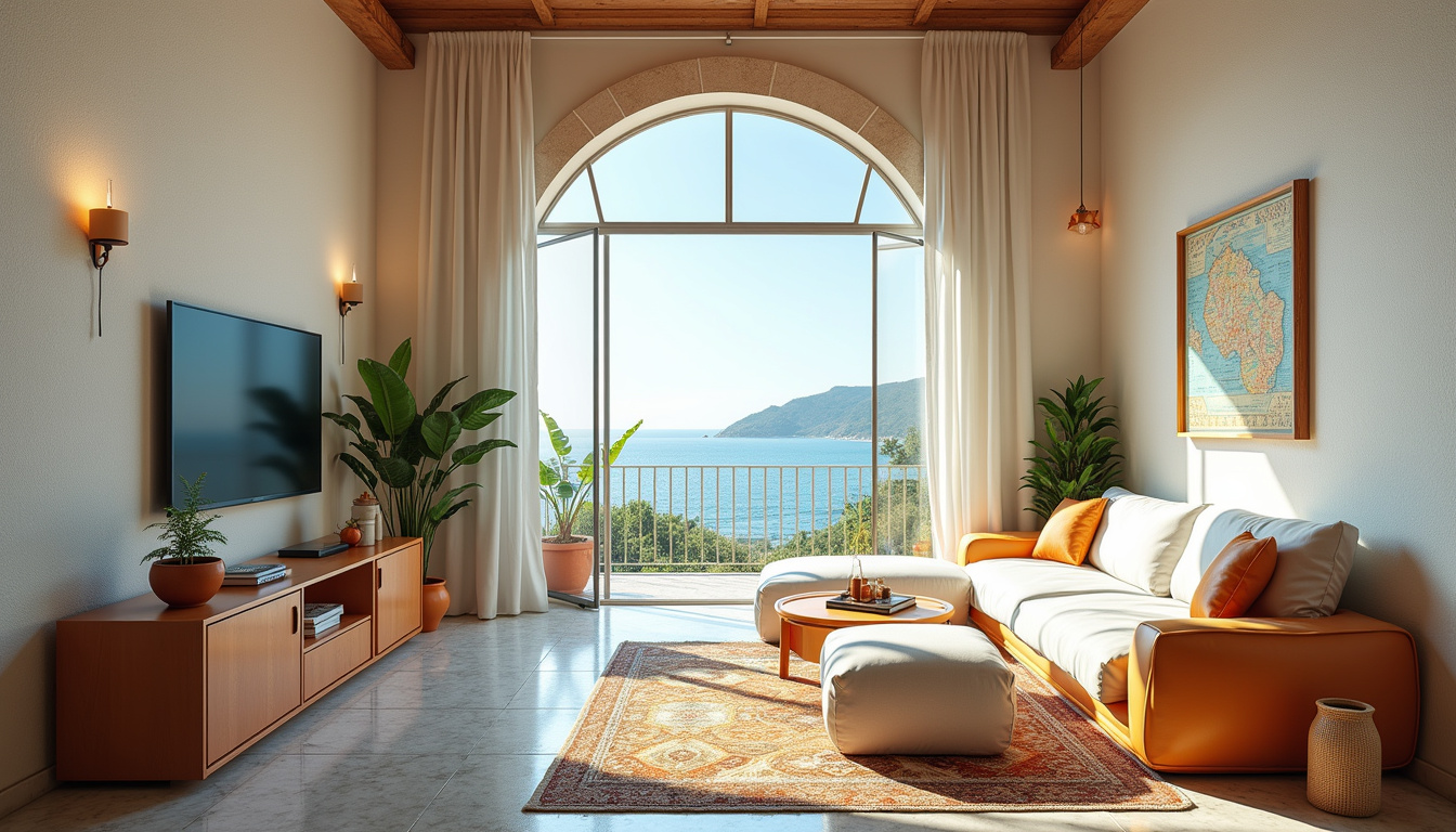  Stylish coastal apartment interior, open windows, breeze, Arabic tile floors, vintage map, rental checklist