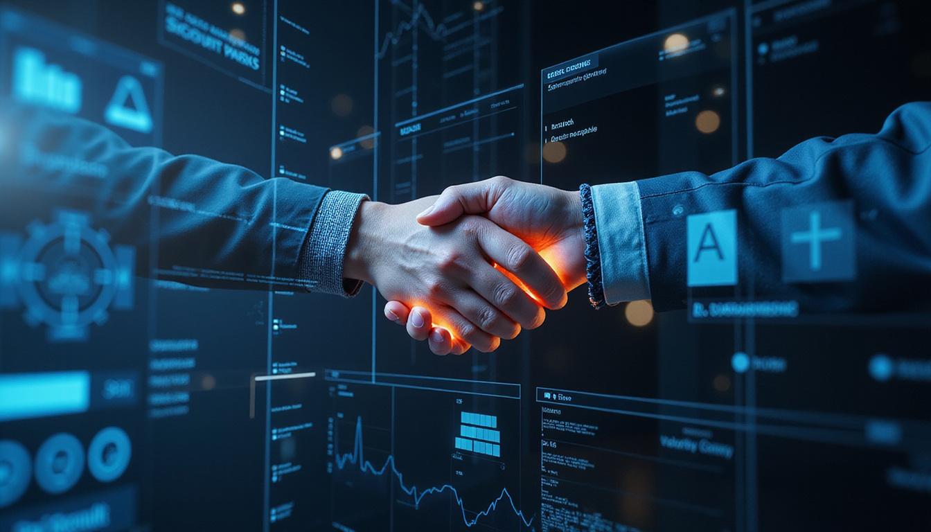 Futuristic dashboard glowing, GovScout analytics converting solicitations into contract spotlighted handshake