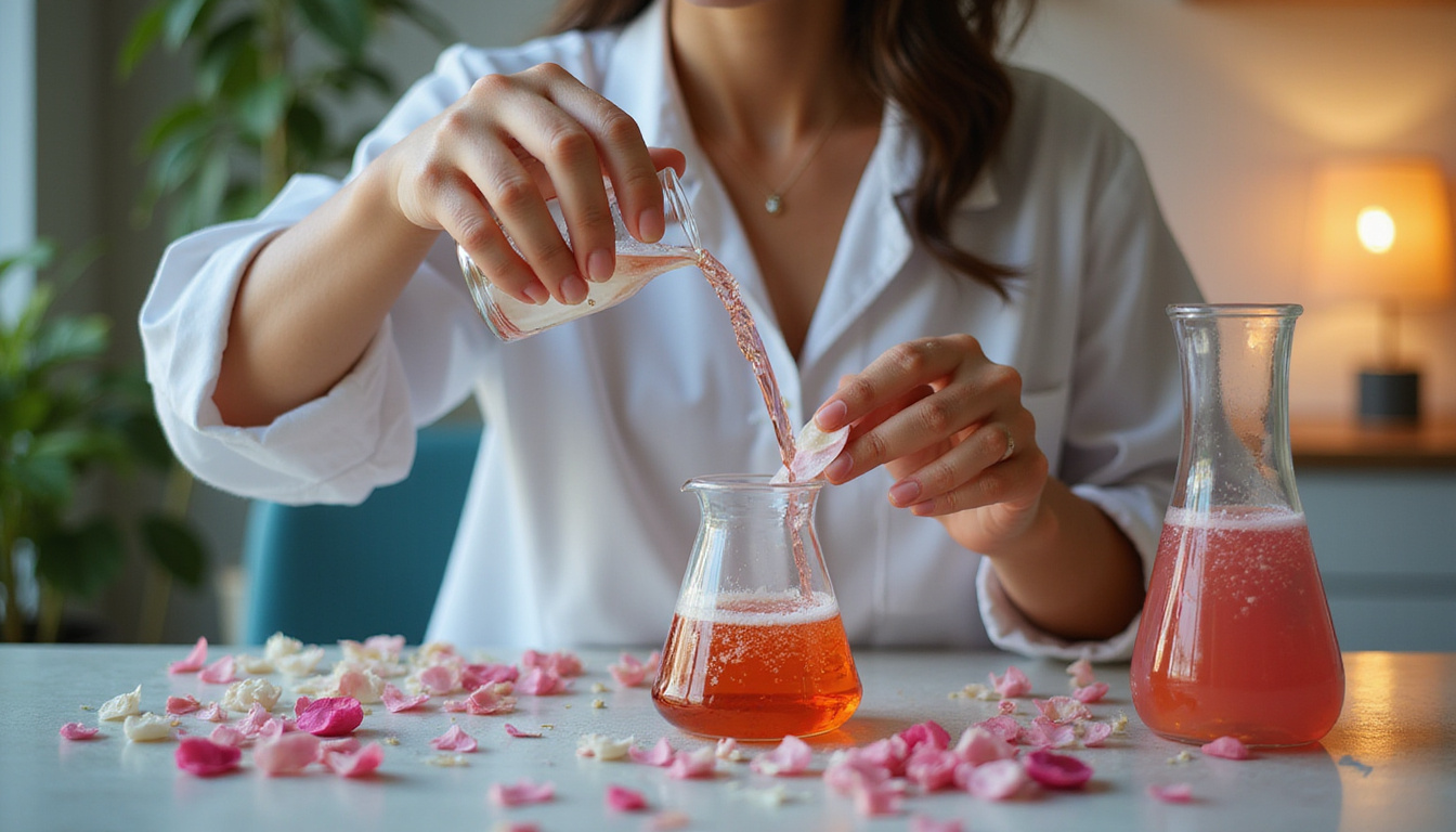  Cosmetic chemist mixing active molecules, beakers, botanical petals, elegant ritual chart, warm glow