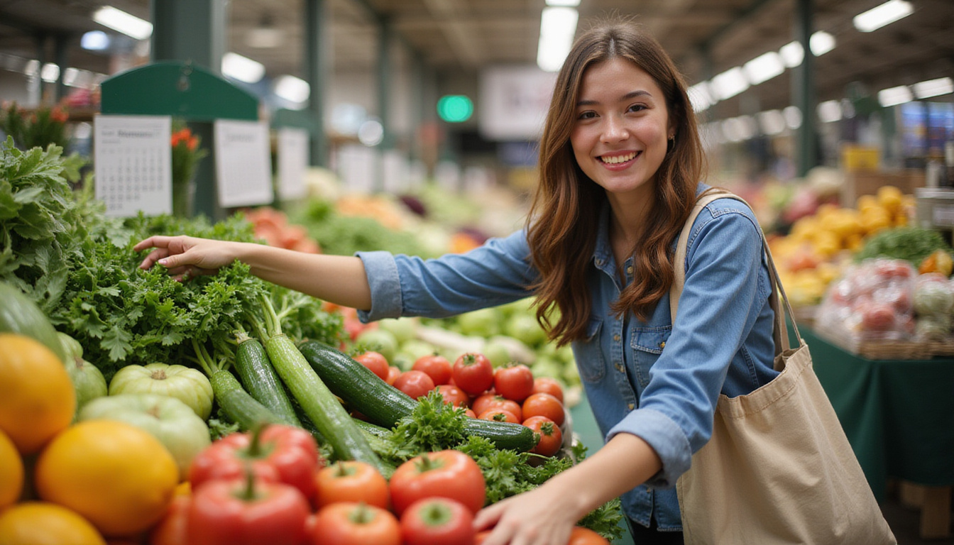  Smiling person choosing vegetables at farmers market, reusable bag, scale and calendar visible
