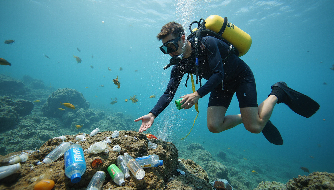  Volunteer divers collecting plastic debris, transforming bottles into sustainable yarn and fashionable tees, marine-cleanup triumph