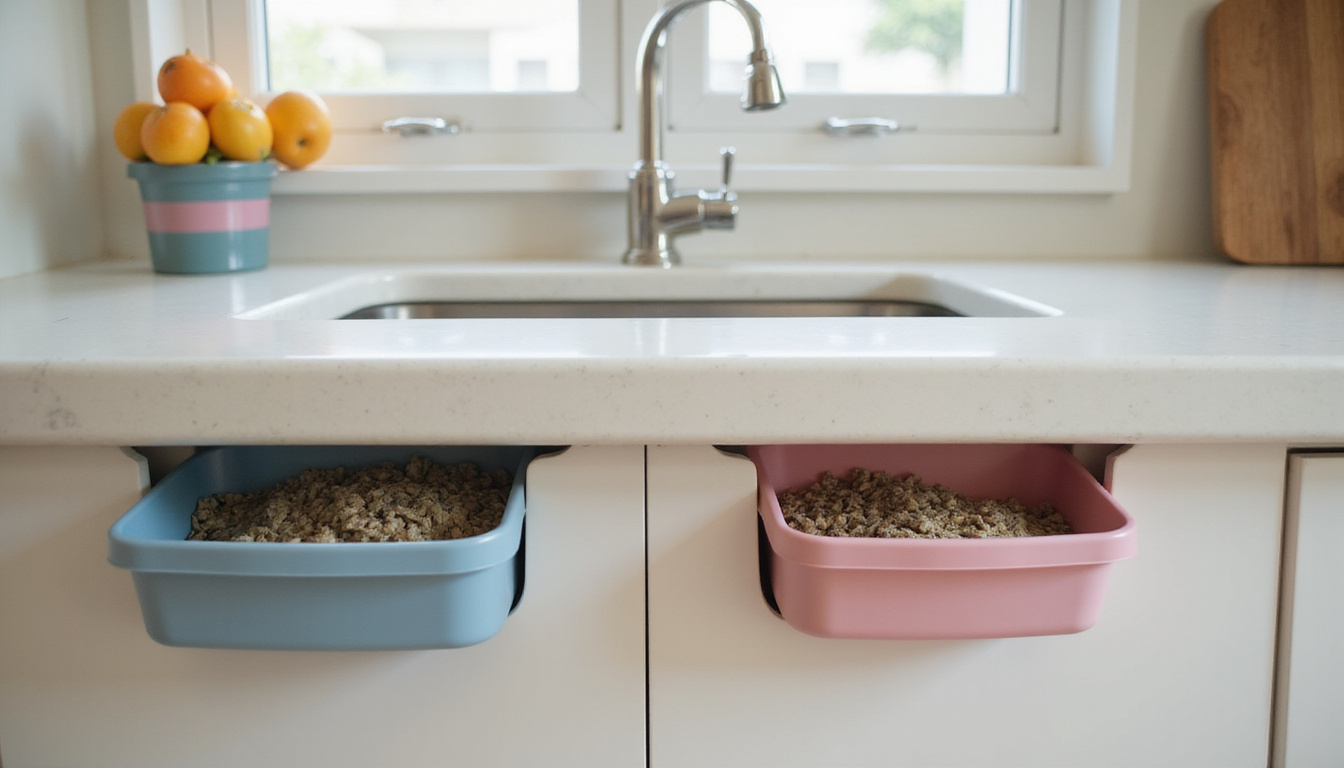  Close-up of sealed cracks and bait stations under sink, clean modern kitchen, bright natural light