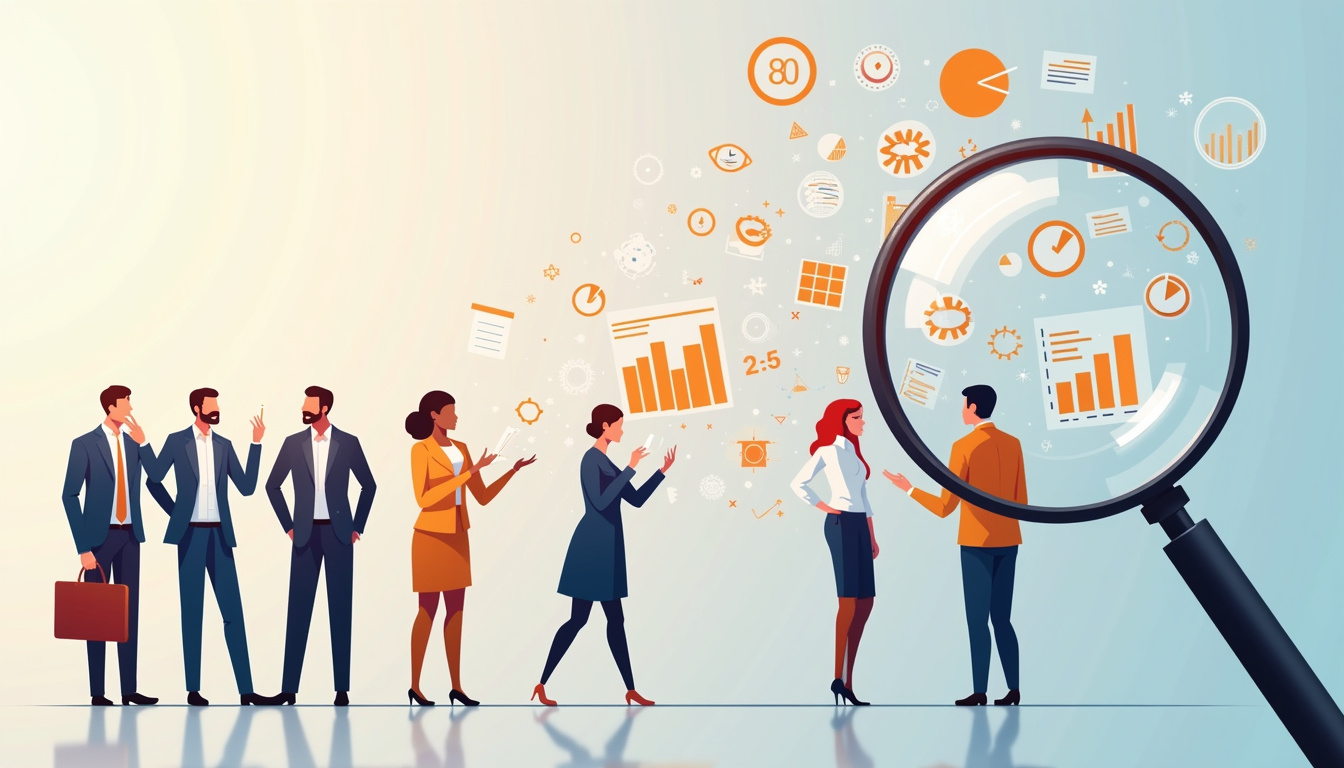  Diverse agents lined up, performance scorecards floating, magnifying glass revealing benchmarking secrets