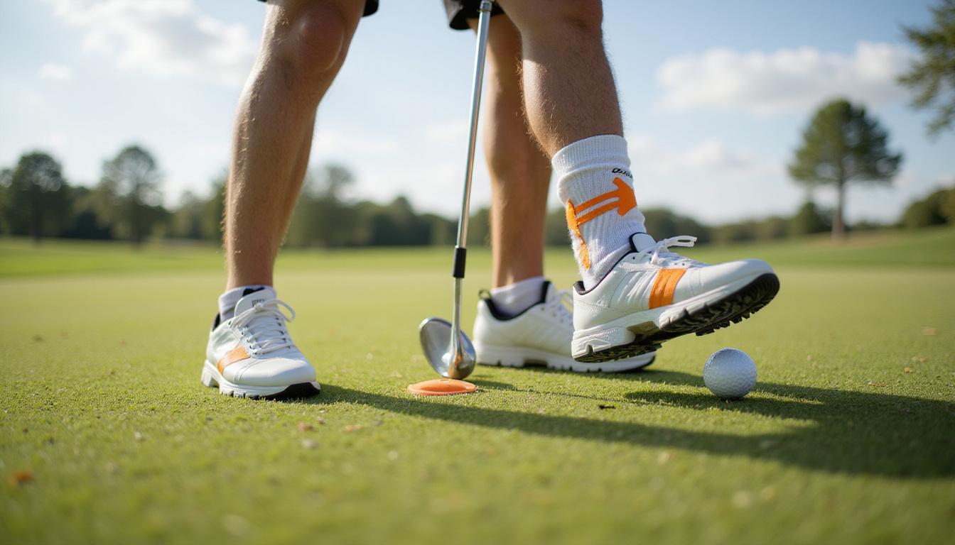  Close-up of golf swing footwork, motion blur, arrows showing rotation, ankle brace and tape