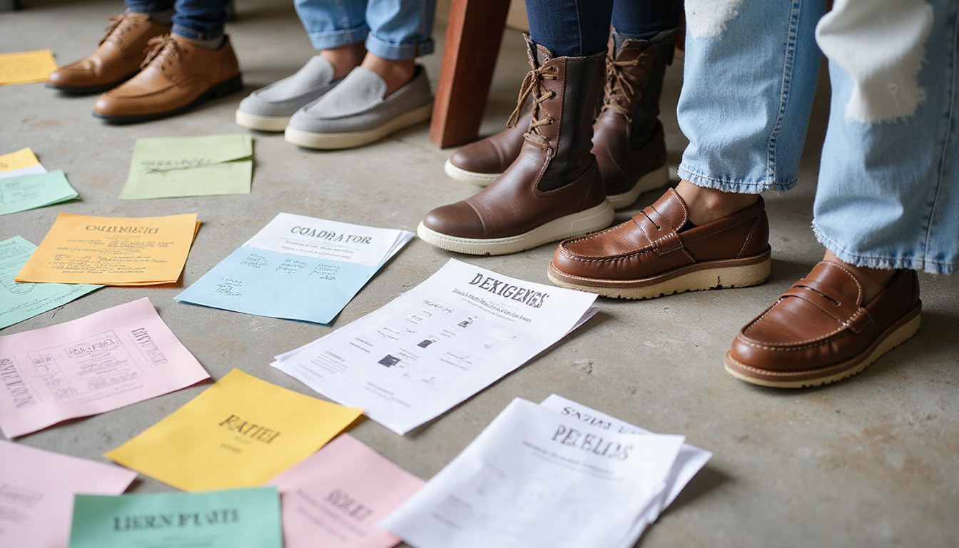  Row of stylish supportive loafers and sneakers on linoleum floor, colorful lesson plans scattered