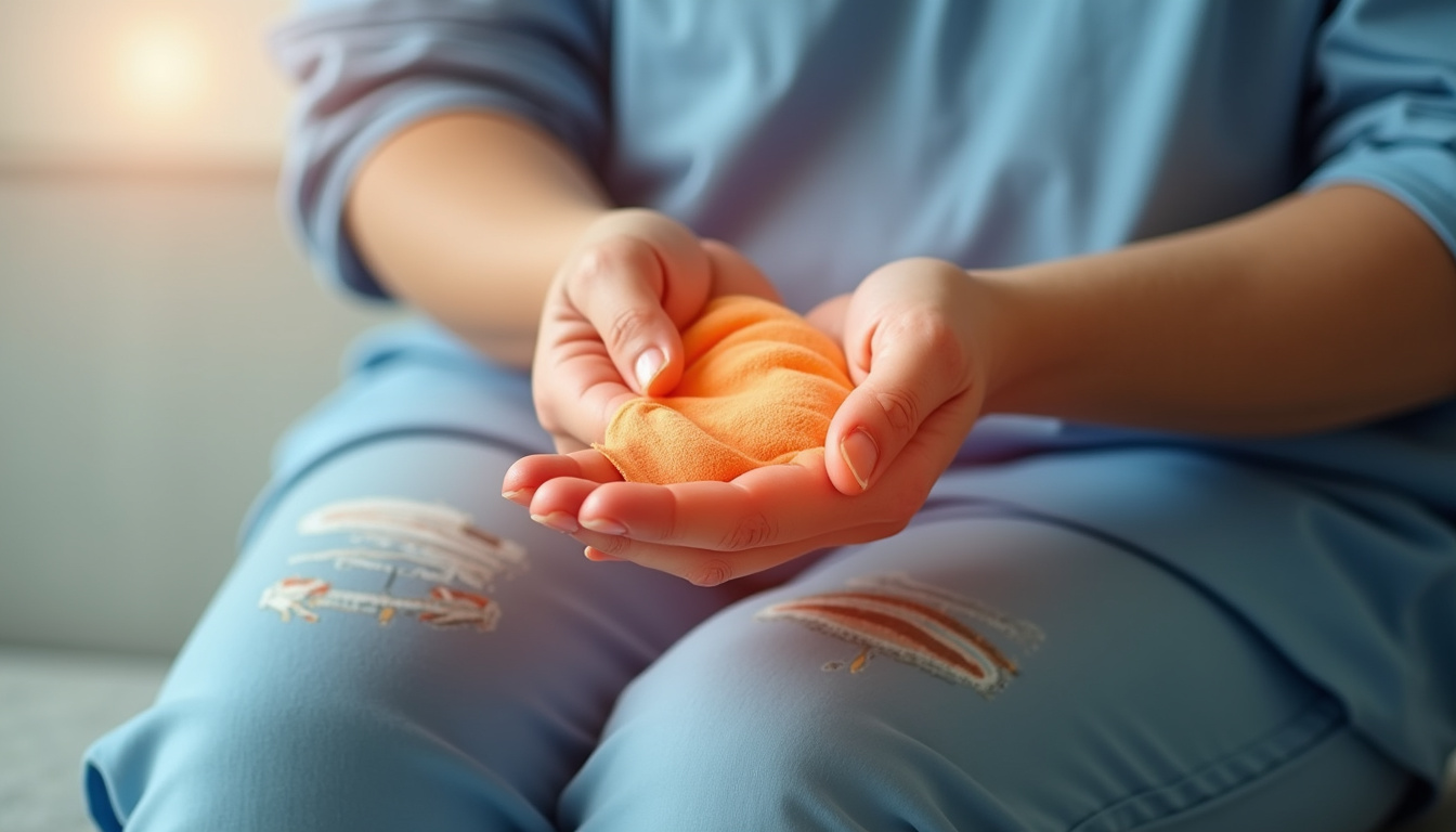  Close-up hands applying warm compress to arthritic wrist, soft medical diagrams, hopeful expression