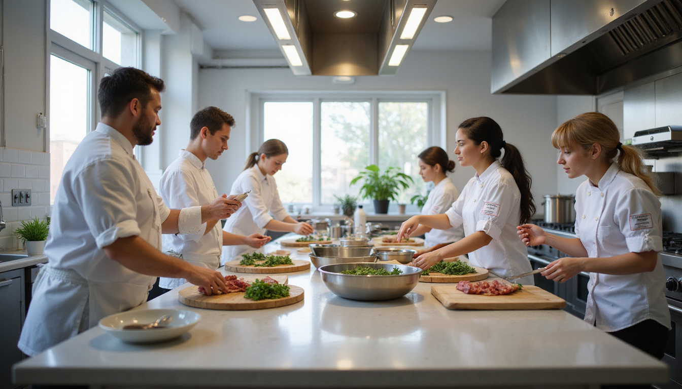  Diverse culinary team practicing correct posture, wrist supports, labeled reach zones, bright organized commercial kitchen