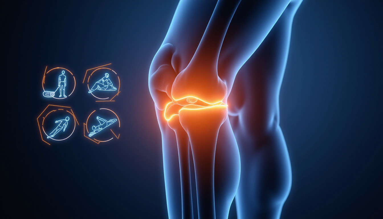 close-up of patellofemoral joint diagram glowing, prevention tips icons, stretching, foam roller, clean clinical style