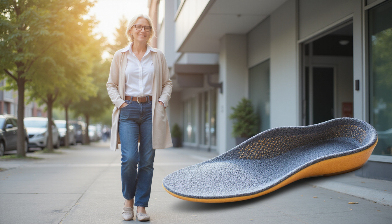  Smiling elderly woman walking city street wearing stylish supportive shoes, highlighted pressure-relief insole cross-section