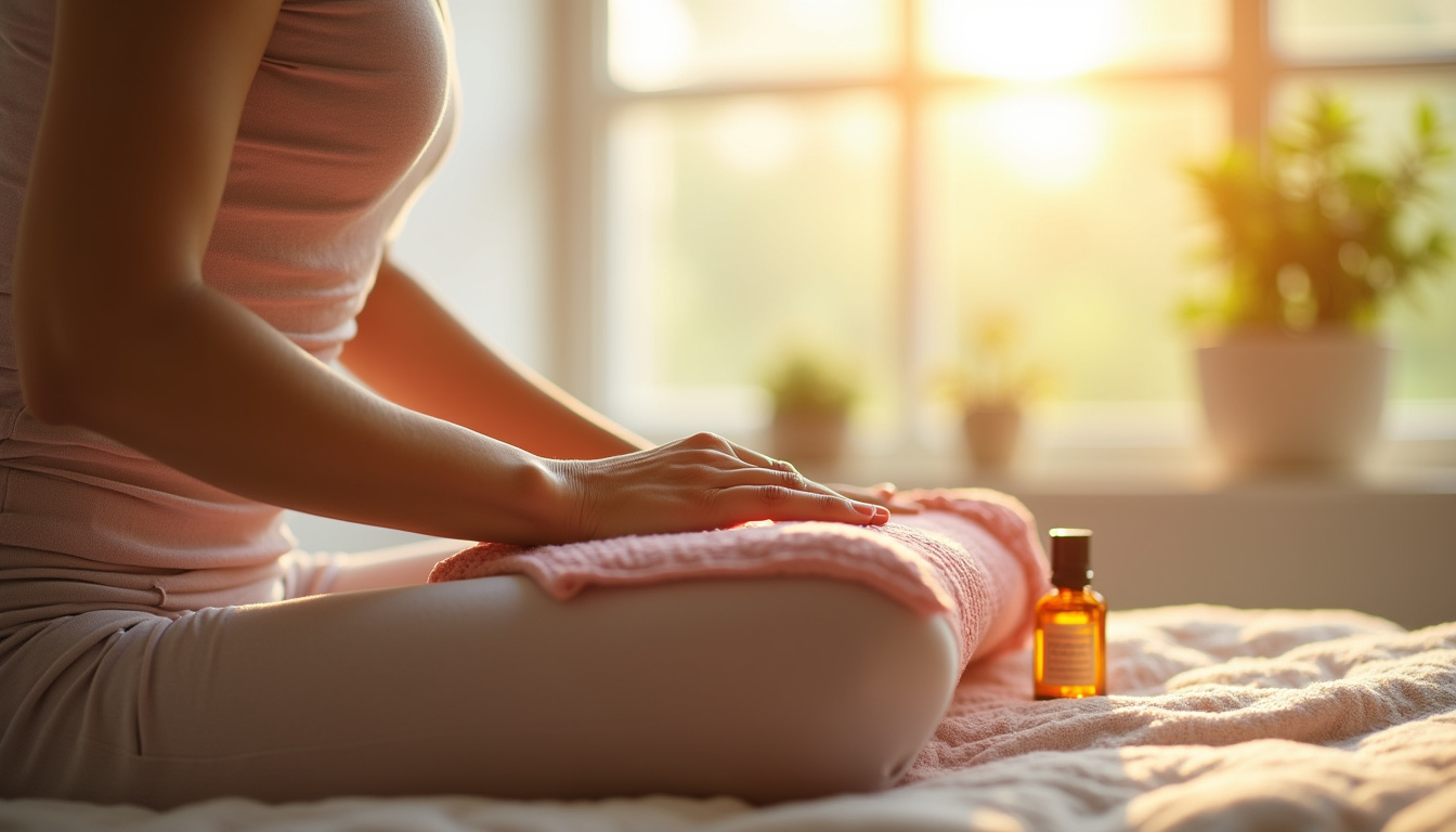  Serene relief scene: woman applying heating pad, PT stretching, essential oils, warm morning light
