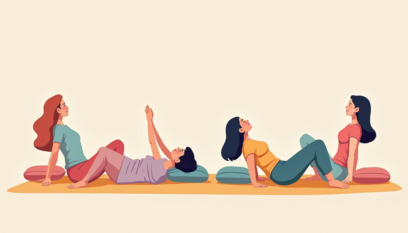  Warm pastel illustration of diverse people doing restorative yoga with cushions, slow movements, calming breath