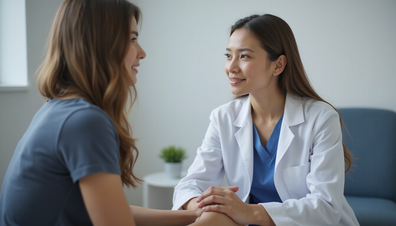  Woman consulting empathetic doctor about perineal numbness, examination room, comforting gestures, muted warm tones