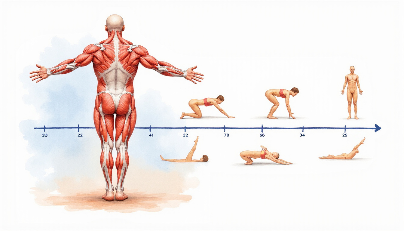  Anatomical illustration of adductor muscles, recovery timeline overlay, gentle strengthening exercises in watercolor