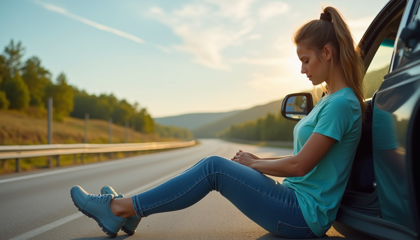  Roadside rest stop scene: driver using foam roller, portable massage gun, scenic highway backdrop