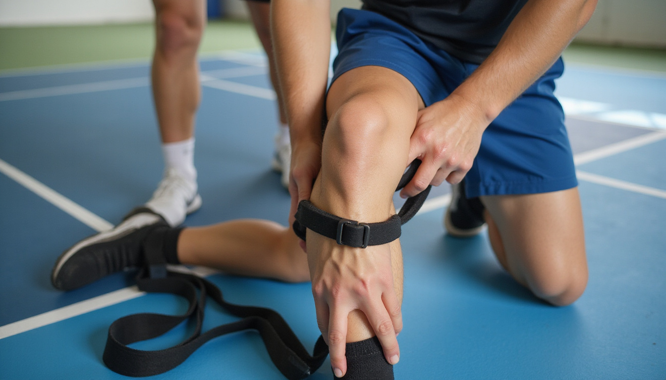  Sports physiotherapist guiding player through knee strengthening exercises, resistance bands, warm-up stretches, court background