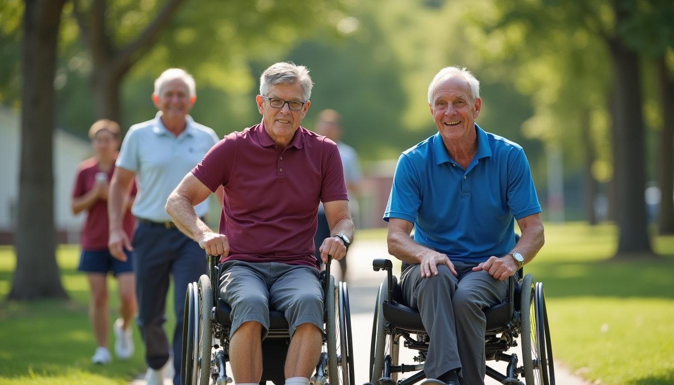  Group of veterans performing assisted knee exercises outdoors, PT instructor motivating, adaptive equipment, determined faces