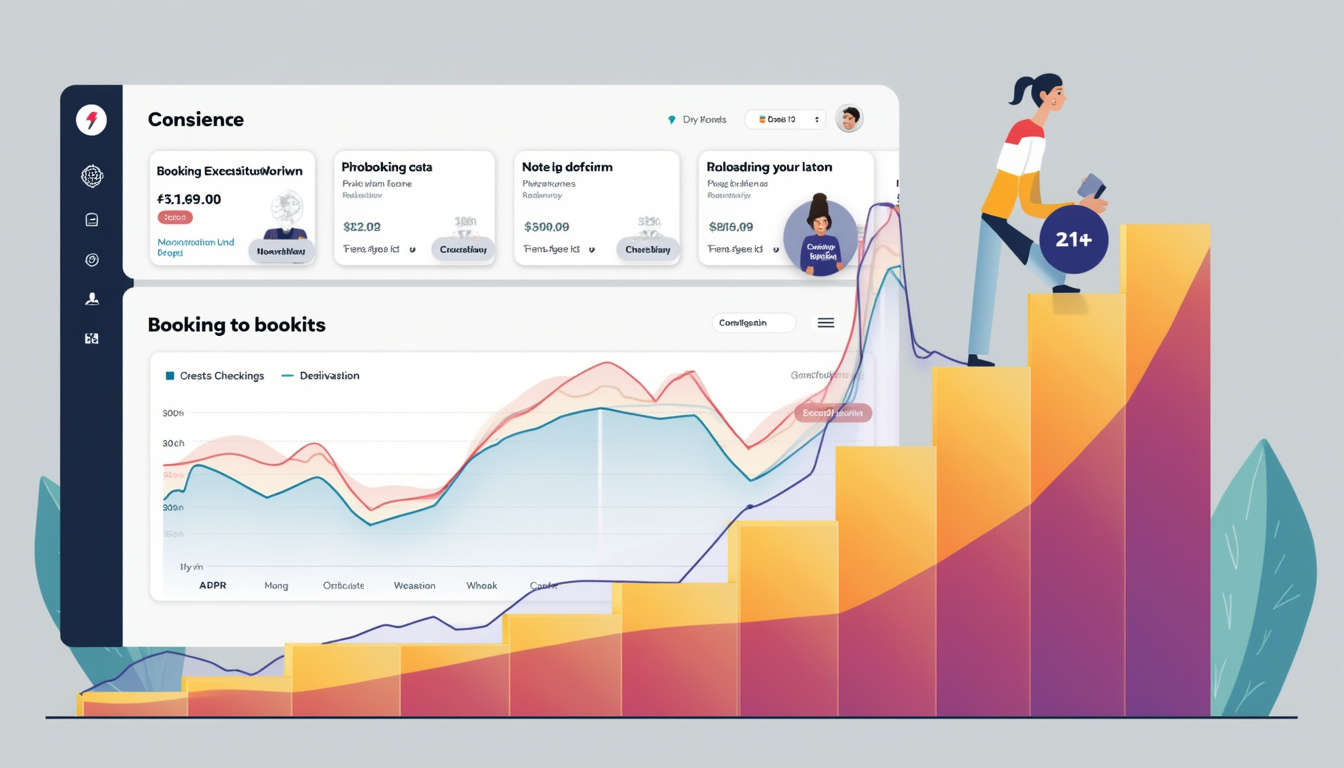  Digital dashboard, booking confirmations and upward graph behind concierge, happy guests checking in