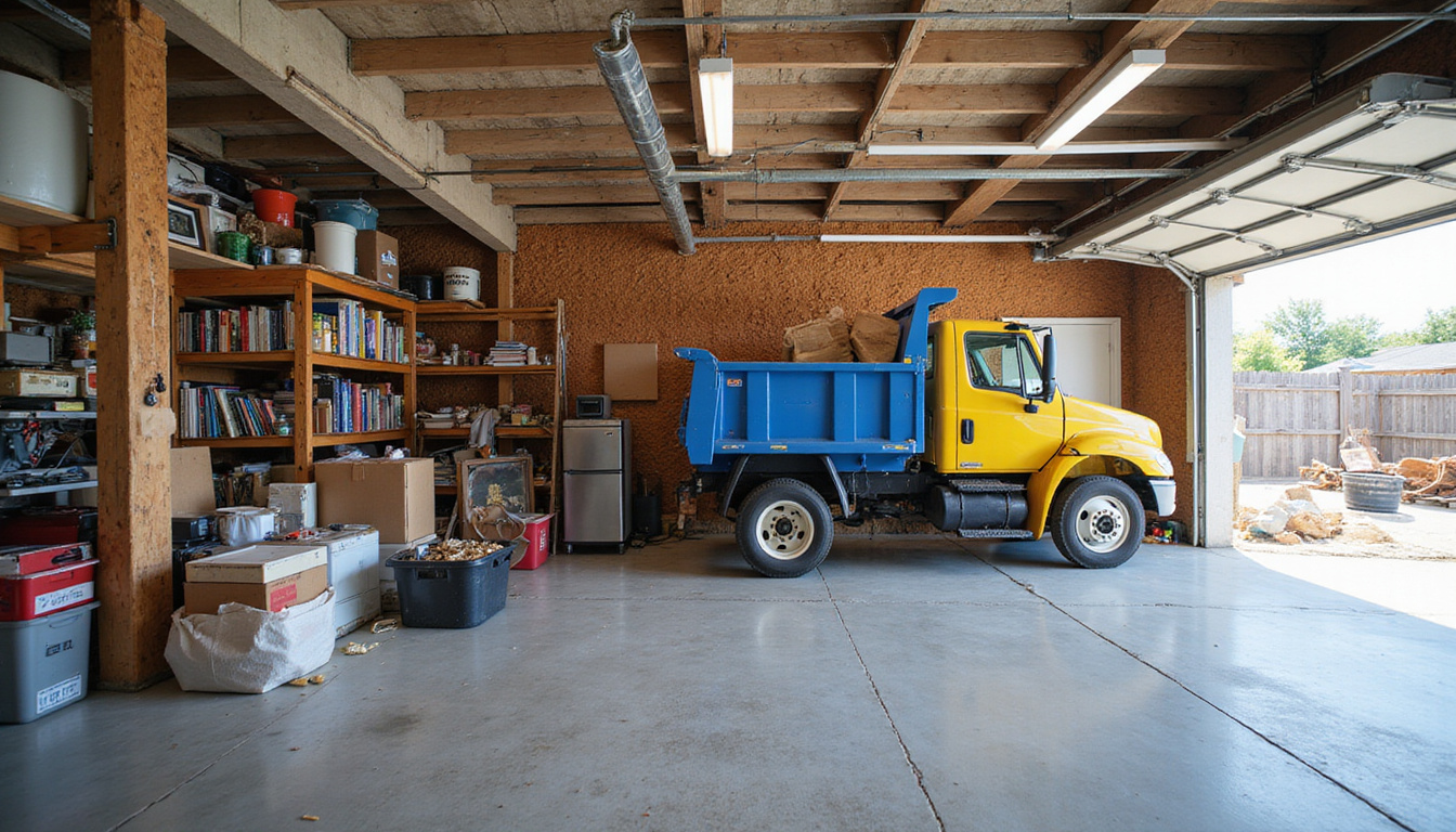  Time-lapse collage: cluttered garage transformed to clean space with roll-off dumpster, triumphant celebration, vibrant