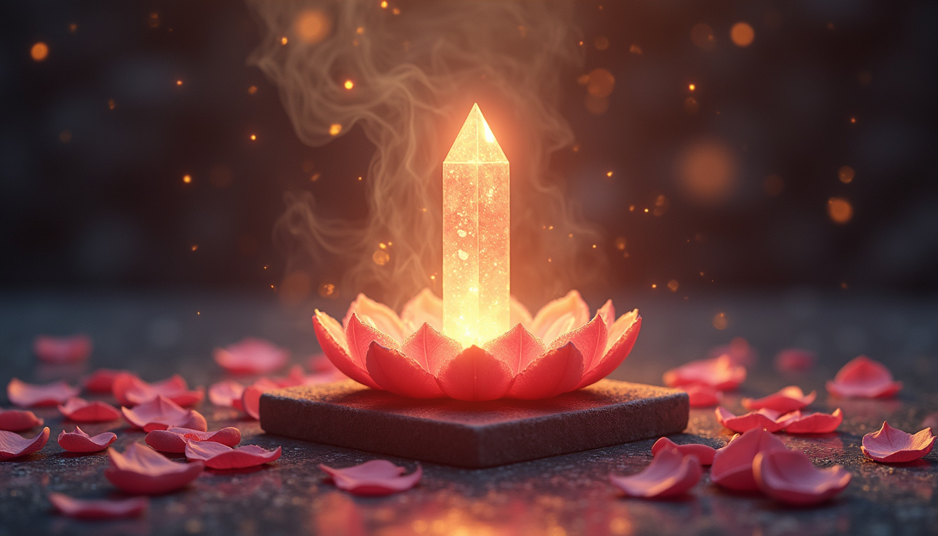  Ancient temple altar, crystalline ajna chakra symbol radiating light, lotus petals and incense smoke