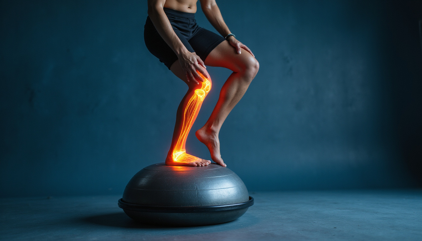  High-contrast studio shot: athlete balancing on Bosu ball, training ankle and hip, illuminated knee anatomy