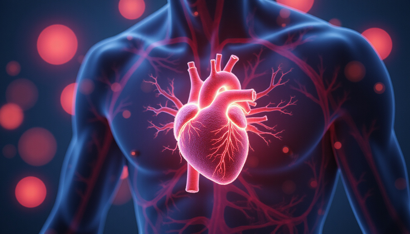  Close-up of stem cells regenerating damaged heart muscle, bioluminescent colors, hopeful patient silhouette