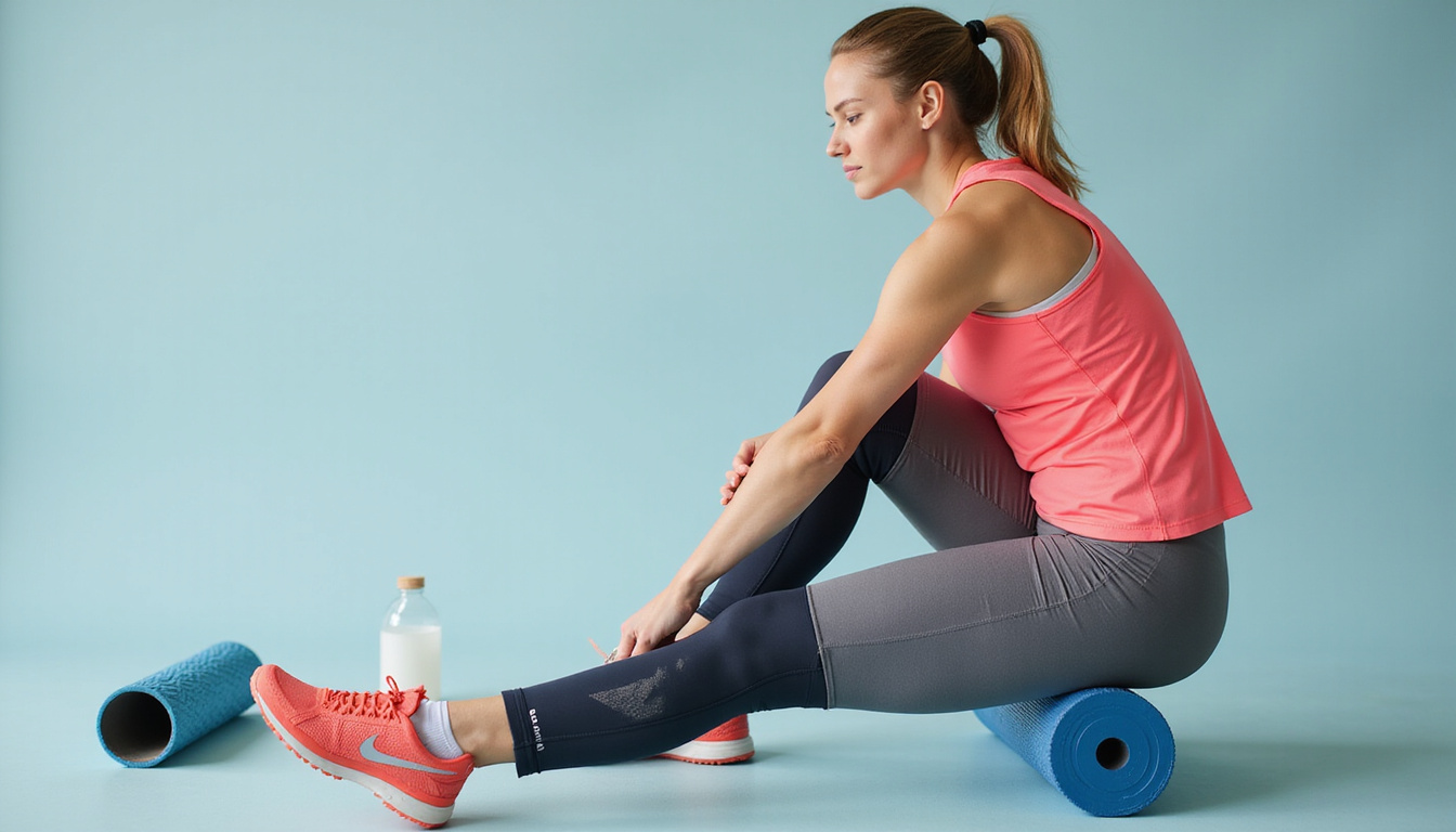  Runner wearing compression sleeve elevating leg, gentle stretch, water bottle and foam roller nearby