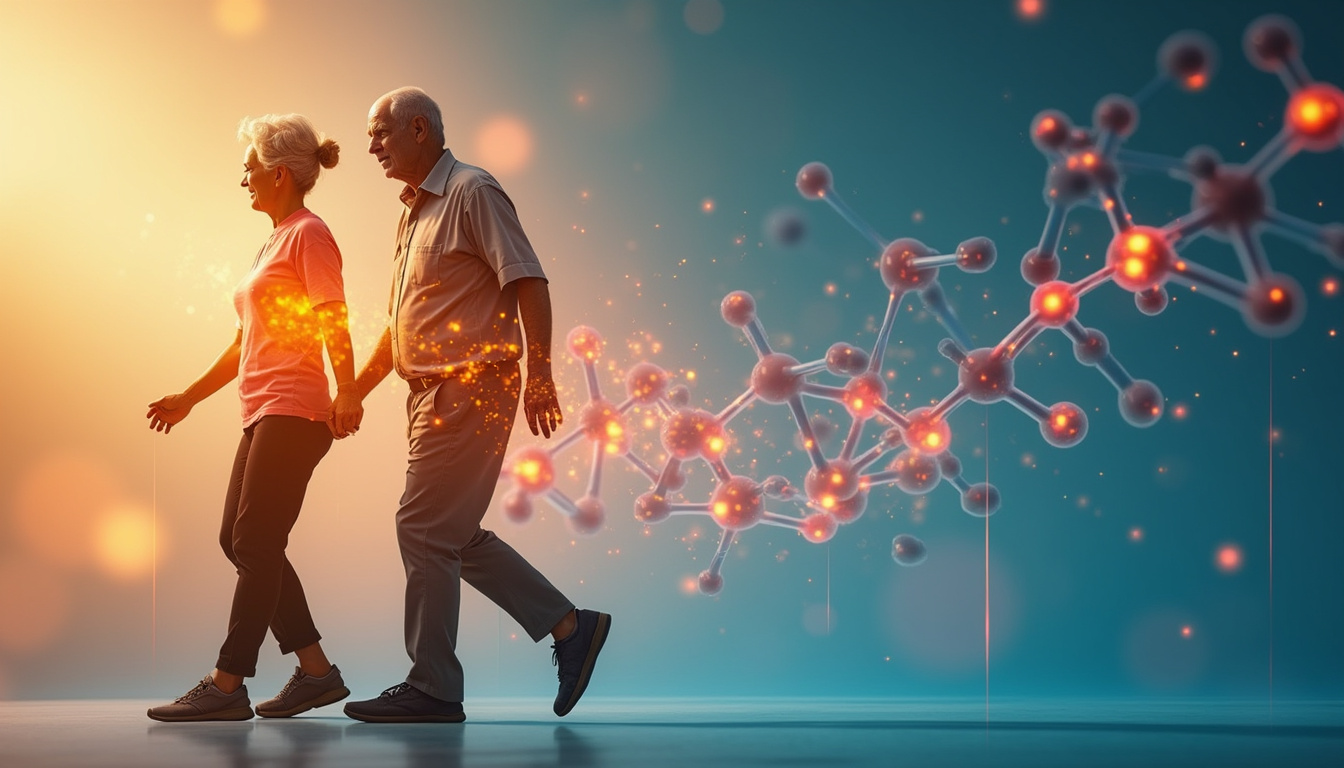  Elderly woman walking pain-free, double-exposure with molecular glucosamine structure and scientific graphs