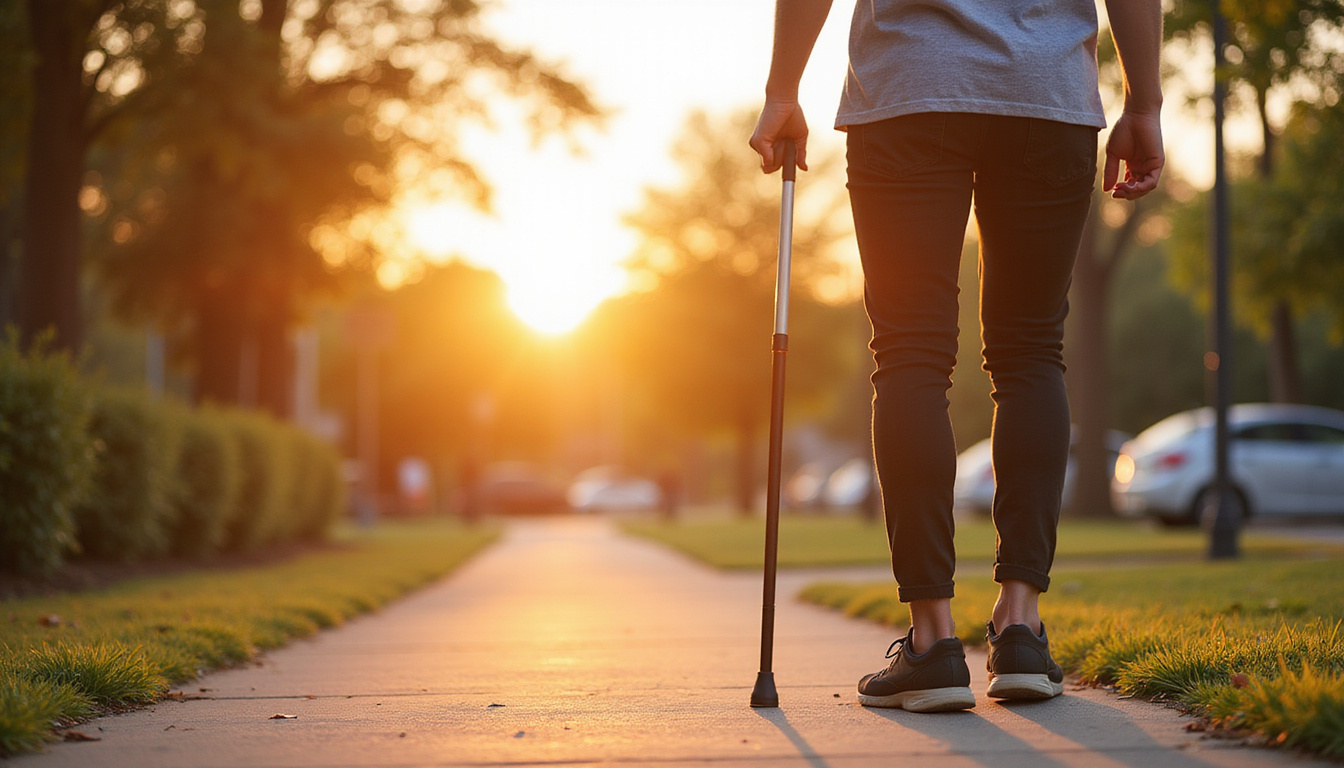  Confident senior walking pain-free on sidewalk with correct orthopedic cane, bright sunrise, supportive stride