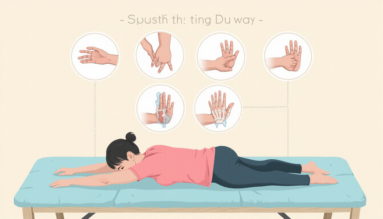  Illustrated step by step finger mobility routine on table, anatomical overlays, calming pastel palette