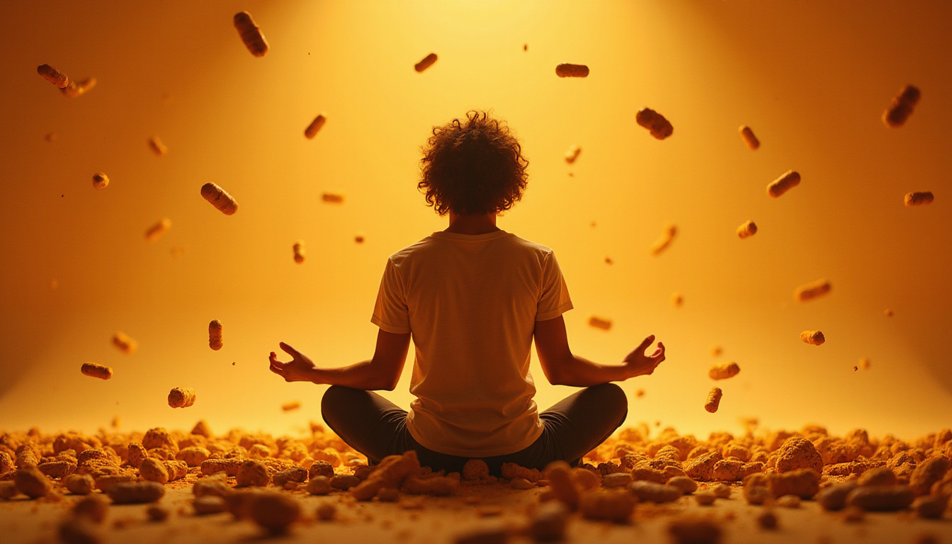  Energetic person meditating surrounded by floating turmeric capsules, soft bokeh, peaceful anti-inflammatory aura