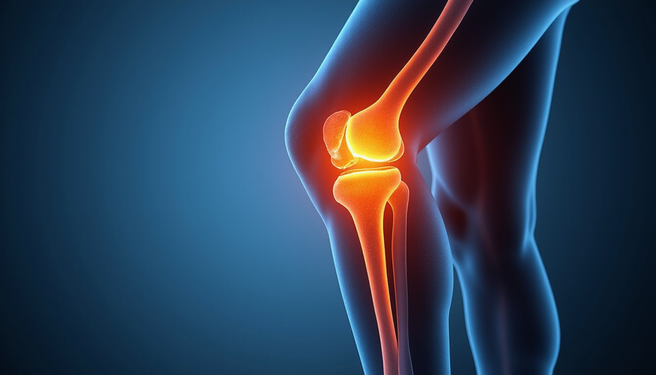  Medical close-up of lateral knee with highlighted iliotibial band, strap applied, subtle anatomical overlay