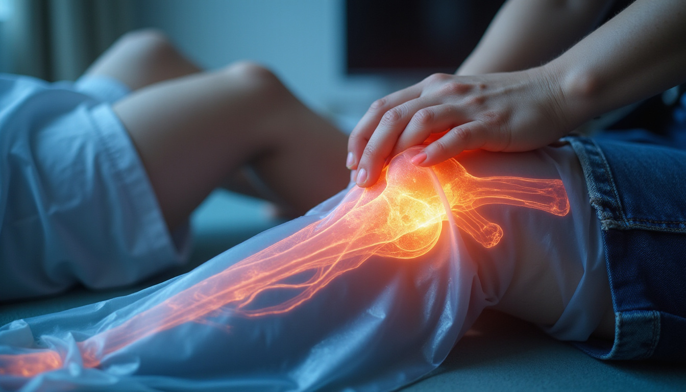  Close-up of therapist hands guiding knee extension, anatomical overlay, soft clinical lighting